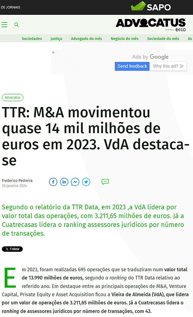 TTR: M&A movimentou quase 14 mil milhes de euros em 2023. VdA destaca-se